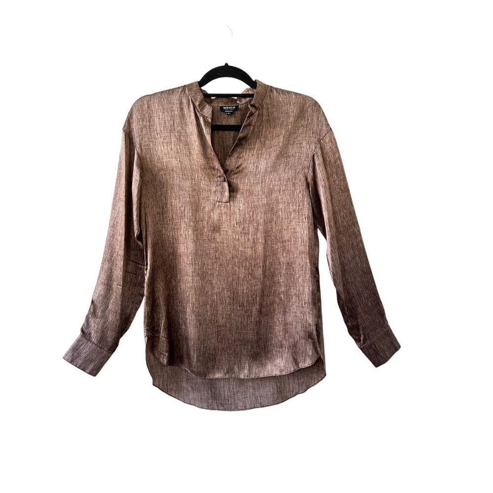 Worth New York 100% Silk Long Sleeve Blouse Womens Brown Size XP